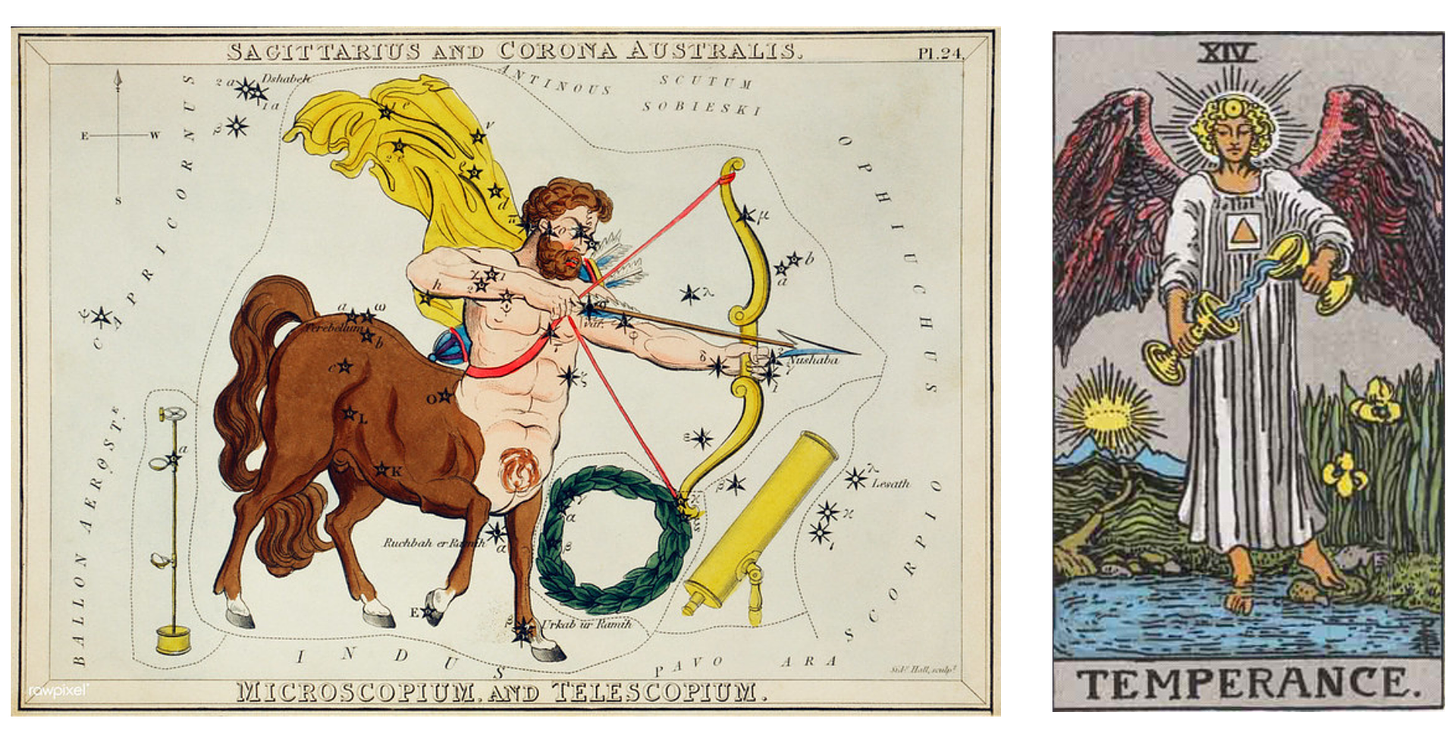 Two images side by side: first, an illustration of the centaur archer commonly associated with the Zodiac sign, Sagittarius. On the right side, the Rider Waite Smith version of the Temperance tarot card. 