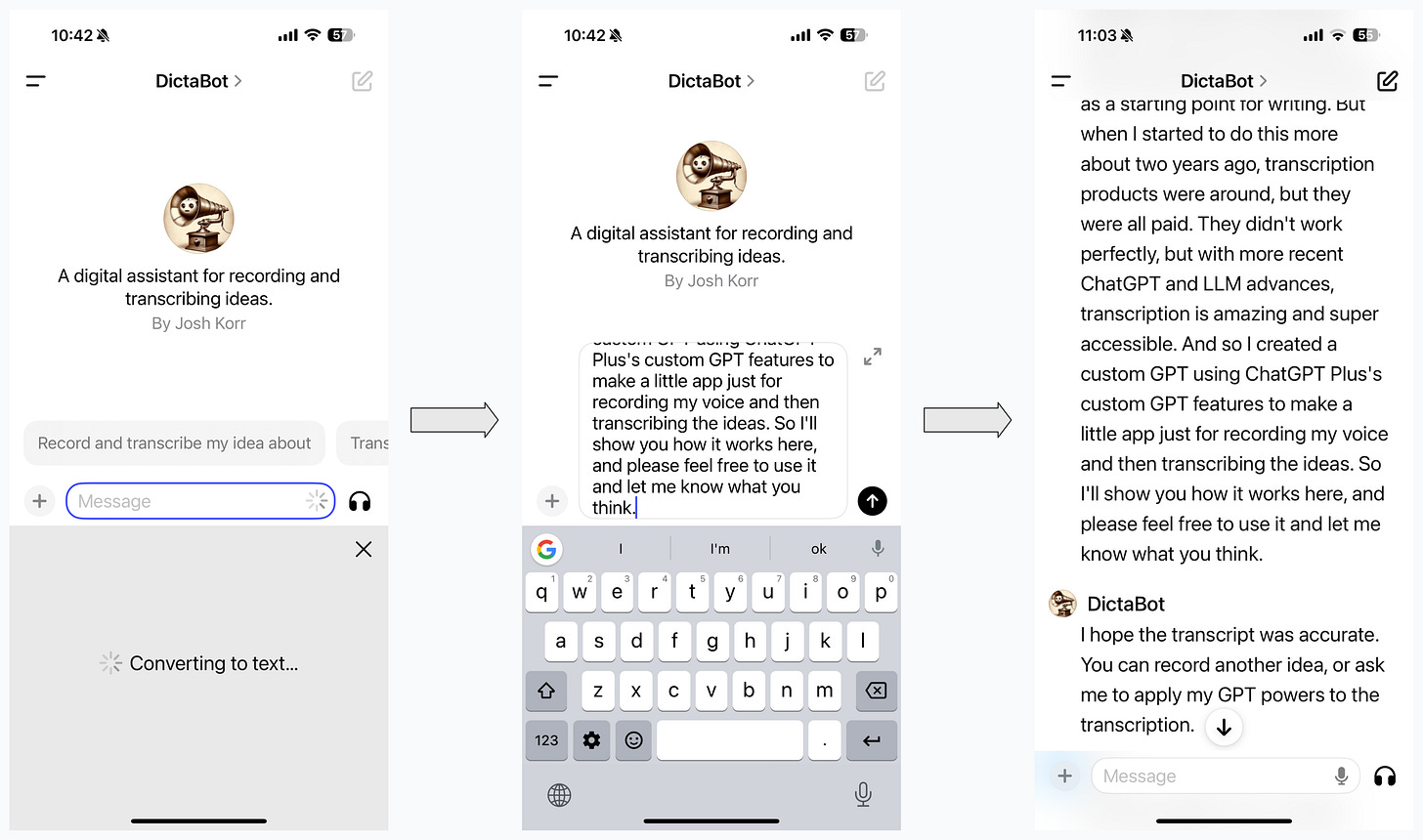 A diagram showing three screenshots of the DictaBot transcription flow, with arrows between the screenshots. In the first screenshot, the Message field “stop” icon has become a loading icon, and the recording pane has turned gray and shows a loading icon and the text “Converting to text. The second screenshot shows the recording transcription populated in the chat’s Message field. The third screenshot shows the chat after the user pressed the “Submit” button in the Message field. The end of the submitted transcription is visible, along with DictaBot’s response. 