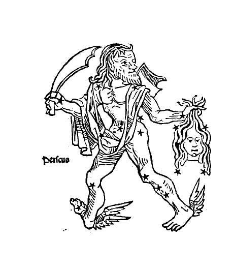 Image of a man holding a lance and a severed head