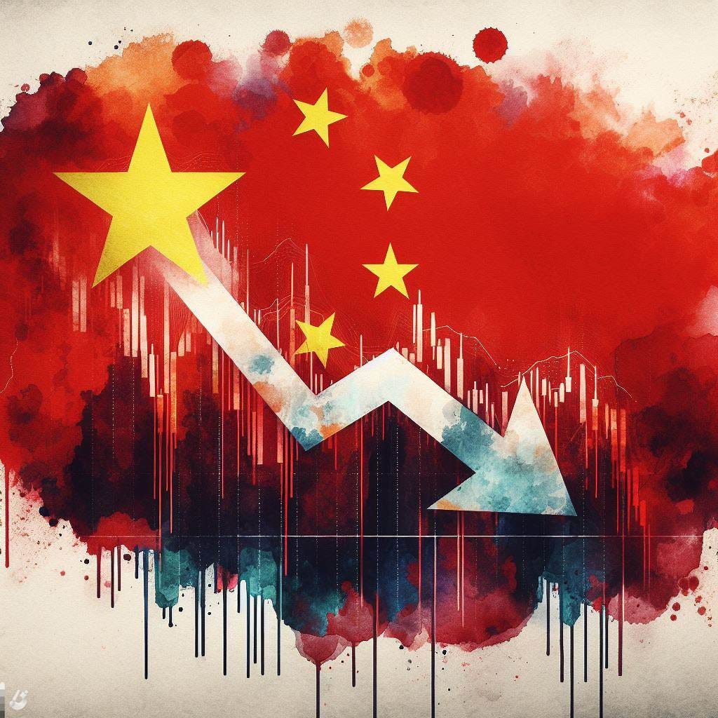 A Chinese flag with a downward sloping arrow chart in the middle, with the arrow pointing from the top right to the bottom left, in a more abstract and watercolor artistic style