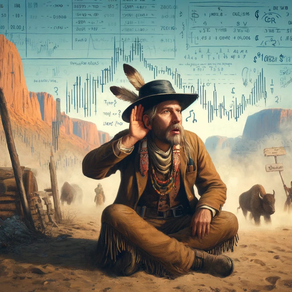 In a less serious tone, the scene is set in the Great Wild West with a whimsical touch. The main character, either a Native American or a settler from the old west, is humorously listening to the ground, ear pressed to the earth. The background includes subtle financial market elements like stock graphs, equations, and symbols, but these are integrated in a playful and less serious manner. The dust cloud in the distance adds a touch of mystery, hinting at approaching travelers or animals. The scene is a light-hearted fusion of wild west life and the complexities of financial markets.