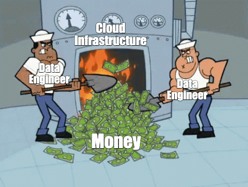data engineers burning money on data infrastructure; data engineering meme