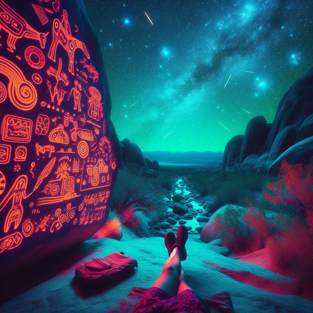 neon colors photography Toy Camera Effect: Hyper realistic; titlshift / Wide-angle shot capturing person laying on back looking at stars. of petroglyphs "tanum Rock Carvings" (Sweden). Macro focus petroglyphs on Mouse's Tank Trail in Valley.  Moapa Band of Paiute Indians in traditional dances garb. natural plants. Looking at entire scene through a branch of a tree.