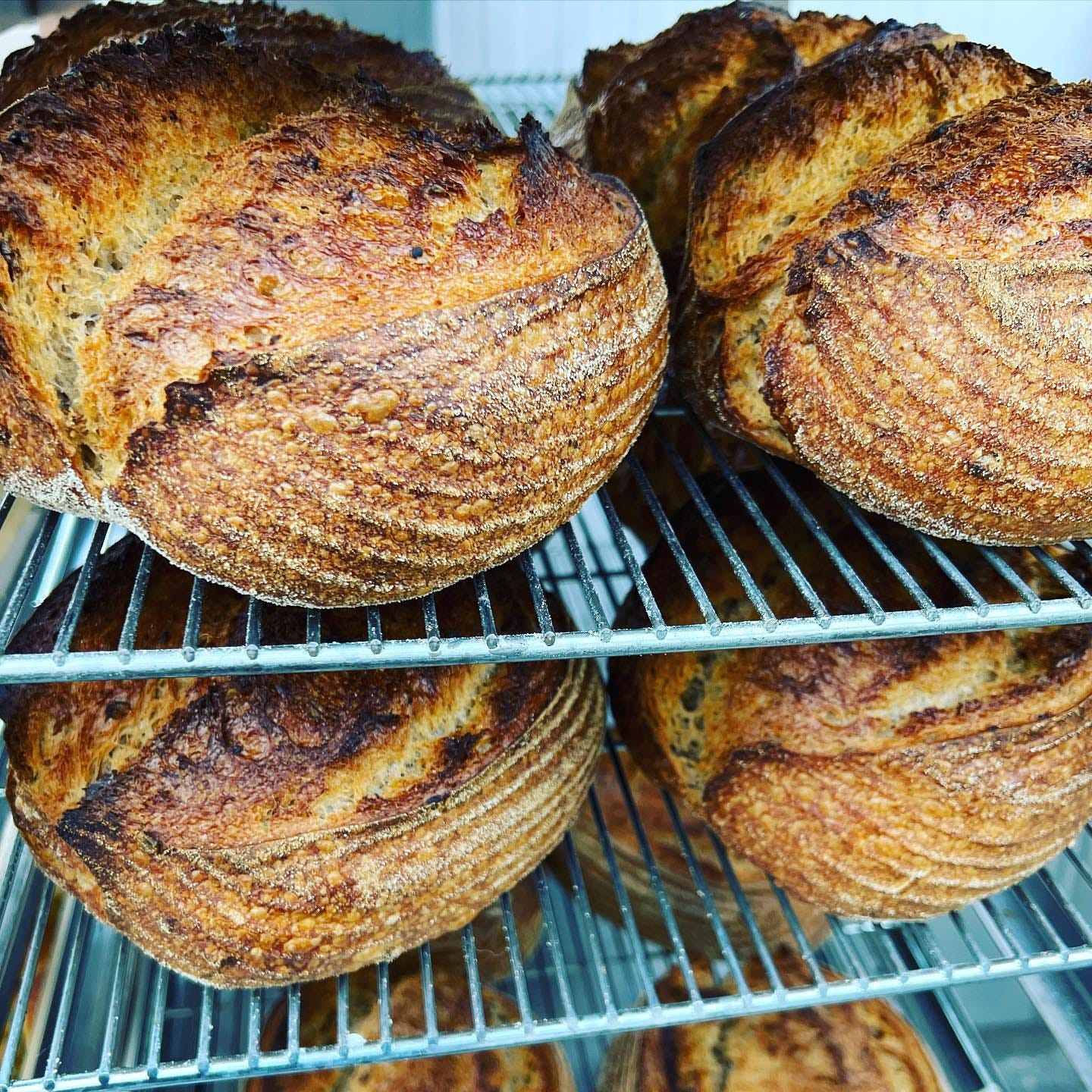 a photo of round, rustic bread loaves on wire shelves