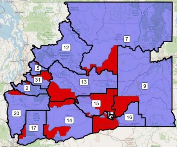 The redrawn 17th District would extend into Klickitat County, past Goldendale. This map shows the major changes to legislative districts in red, around the state. Graphic courtesy Jim Walsh