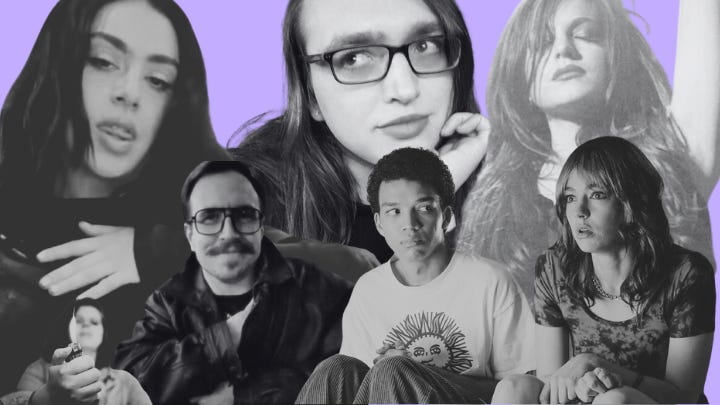 A collage featuring various individuals in grayscale against a pastel purple background. The central figure is a person with glasses and long hair gazing thoughtfully. Surrounding them are images of others: a woman resting her hand near her face, a man with glasses and a mustache wearing a leather jacket, a young man in a graphic t-shirt, a woman in a patterned top looking off to the side, and additional figures slightly obscured in the background. The arrangement evokes a sense of individuality and shared creative expression.