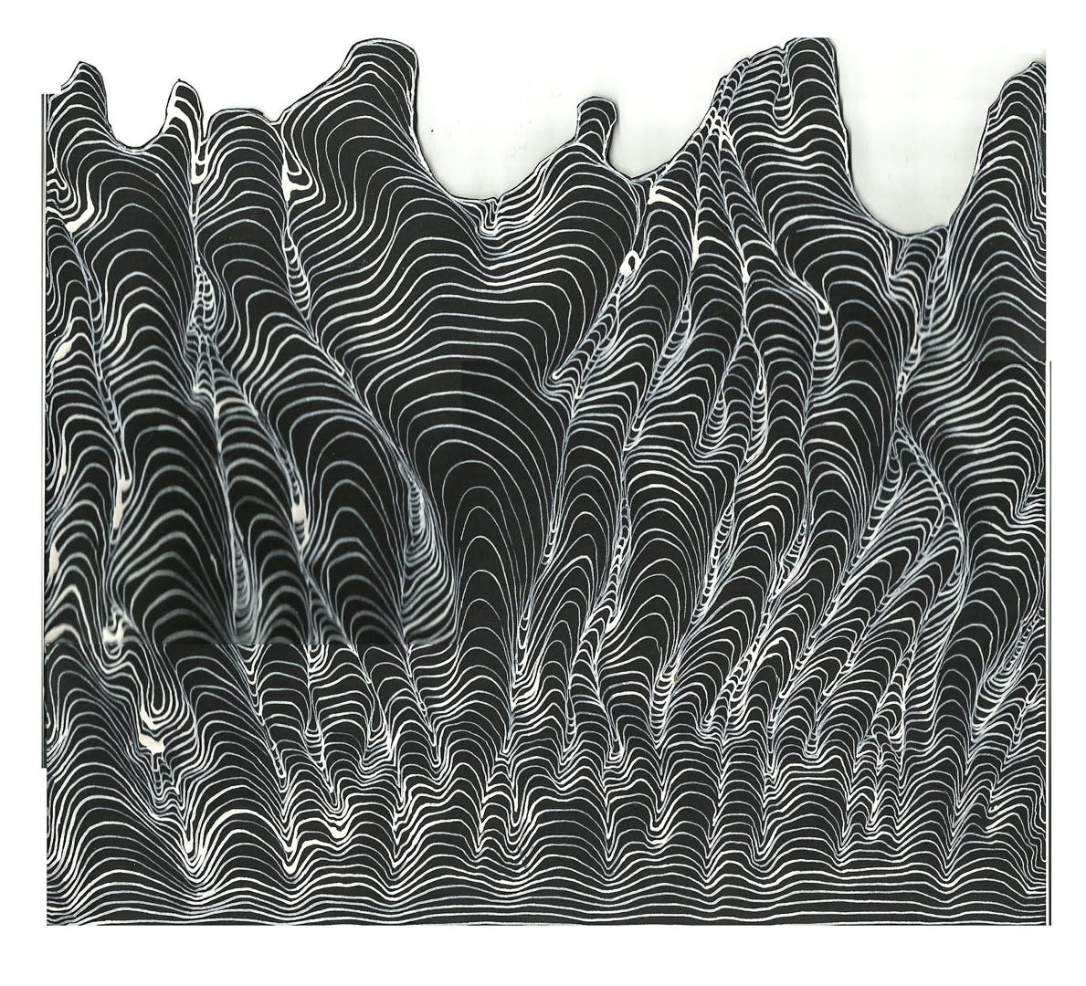 black line drawing of hill like forms