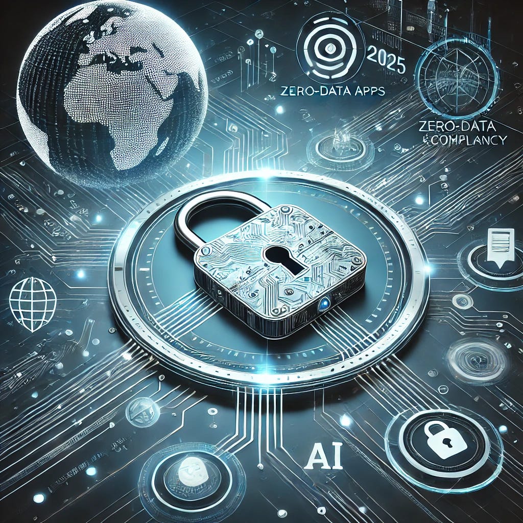 A visually striking illustration symbolizing data privacy trends in 2025. The image features a futuristic padlock integrated with digital circuits, representing cybersecurity and privacy. In the background, a globe with interconnected lines symbolizes global data flow and compliance. The composition also includes subtle icons of AI and a minimalist app interface, emphasizing zero-data apps and AI compliance tools. The color scheme uses blues and silvers to evoke trust and technology, with hints of green for growth and security. Modern, clean, and professional design.