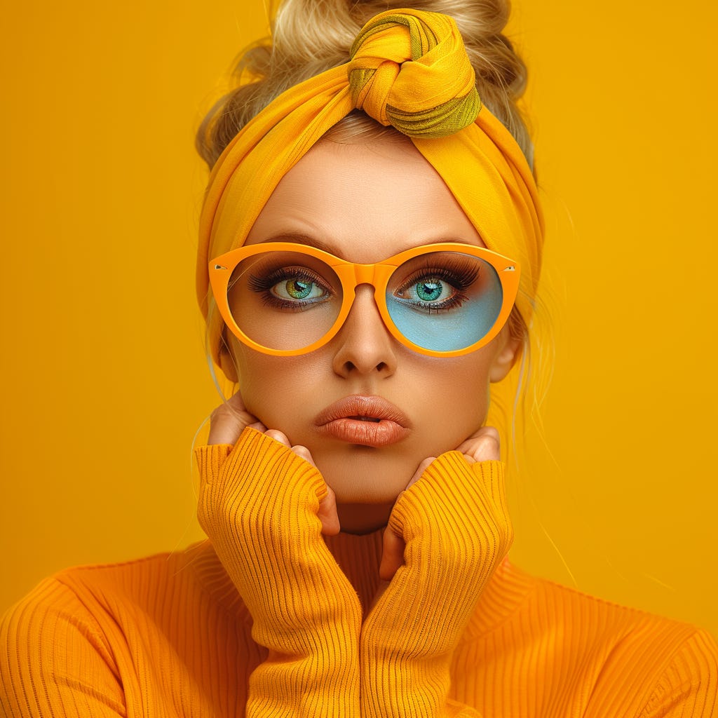 a woman, frowning, looking at the camera, with one hand covering her mouth, wearing eye glasses and accessories with contrasting vivid colors. A studio shot, contrasting colors, single vivid color flat background color