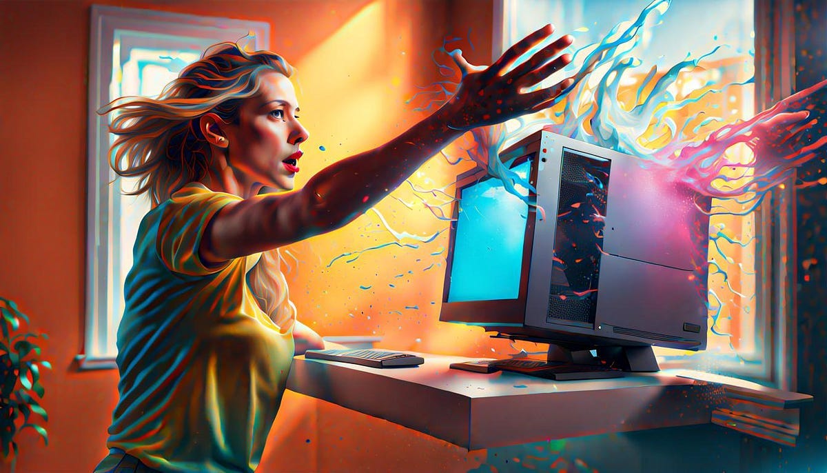 Woman throwing computer through window