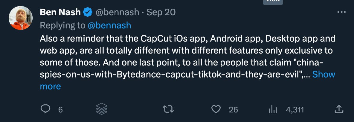 Tweet from Ben Nash about Capcut's various functionalities depending on the version you use