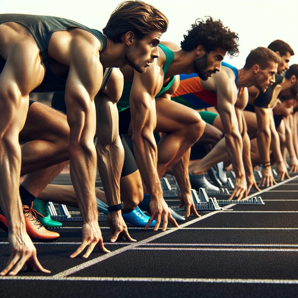 Create an image of a group of sprinters at the starting line of a track race, captured just moments before the race begins. The sprinters are in their starting positions, intensely focused and ready to launch forward. They are wearing athletic sprinting gear in various vibrant colors, showcasing their toned muscles and athletic build. The track is a standard outdoor athletic track, marked with clear lanes and starting blocks. The atmosphere is charged with anticipation and competitive energy, with a crowd visible in the background, blurred to emphasize the focus on the sprinters.