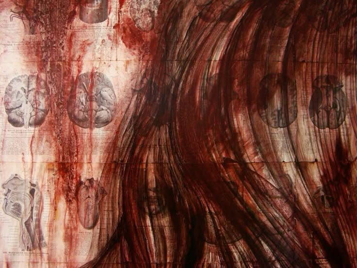 This may contain: an abstract painting with red and white paint on it's walls, depicting the face of a woman covered in blood