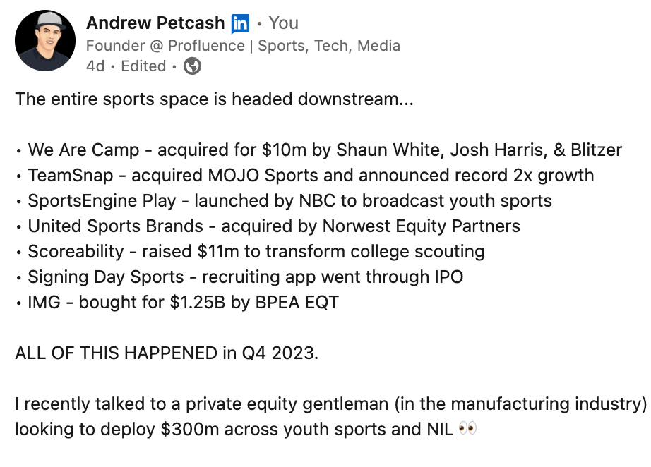linkedin post from andrew petcash breaking down youth sports industry 