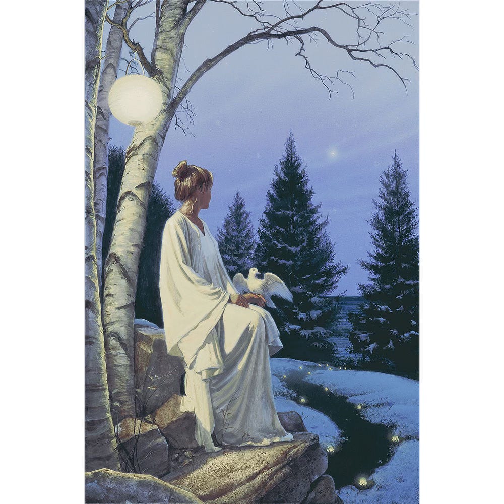 A woman in a plain white gown sits on a rock with her hands resting on her lap. A dove takes perch on her finger as she glances over snow covered trees to a distant star in the night sky. A globe of a paper lantern  hangs above her from the bare branches of a birch tree. At the foot of the rock, small candles line a path that meanders through snowy grass and leads to a break in the trees to water beyond.