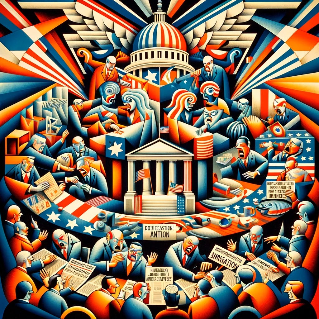 A highly abstract and stylized illustration in the 1950s Art Deco style, depicting a satirical scene of budgetary battles within the U.S. Congress and the White House, without any text. This version should focus on more abstract elements, using bold geometric shapes, vibrant colors, and exaggerated features to represent the politicians from the Democratic and Republican parties debating issues like military aid to Ukraine and Israel, defense assistance to Taiwan, and immigration at the Mexican border. The artwork should capture the essence of the political scenario in a more abstract manner, emphasizing the absurdity of the situation through stylized and exaggerated artistic elements.