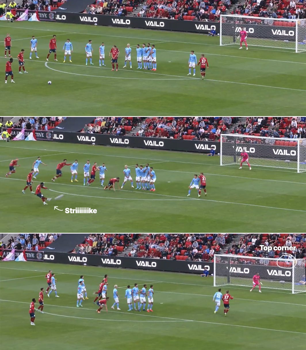 A sequence of screenshots showing Nestory Irankunda's ensational free-kick goal against Melbourne City in the A-League.