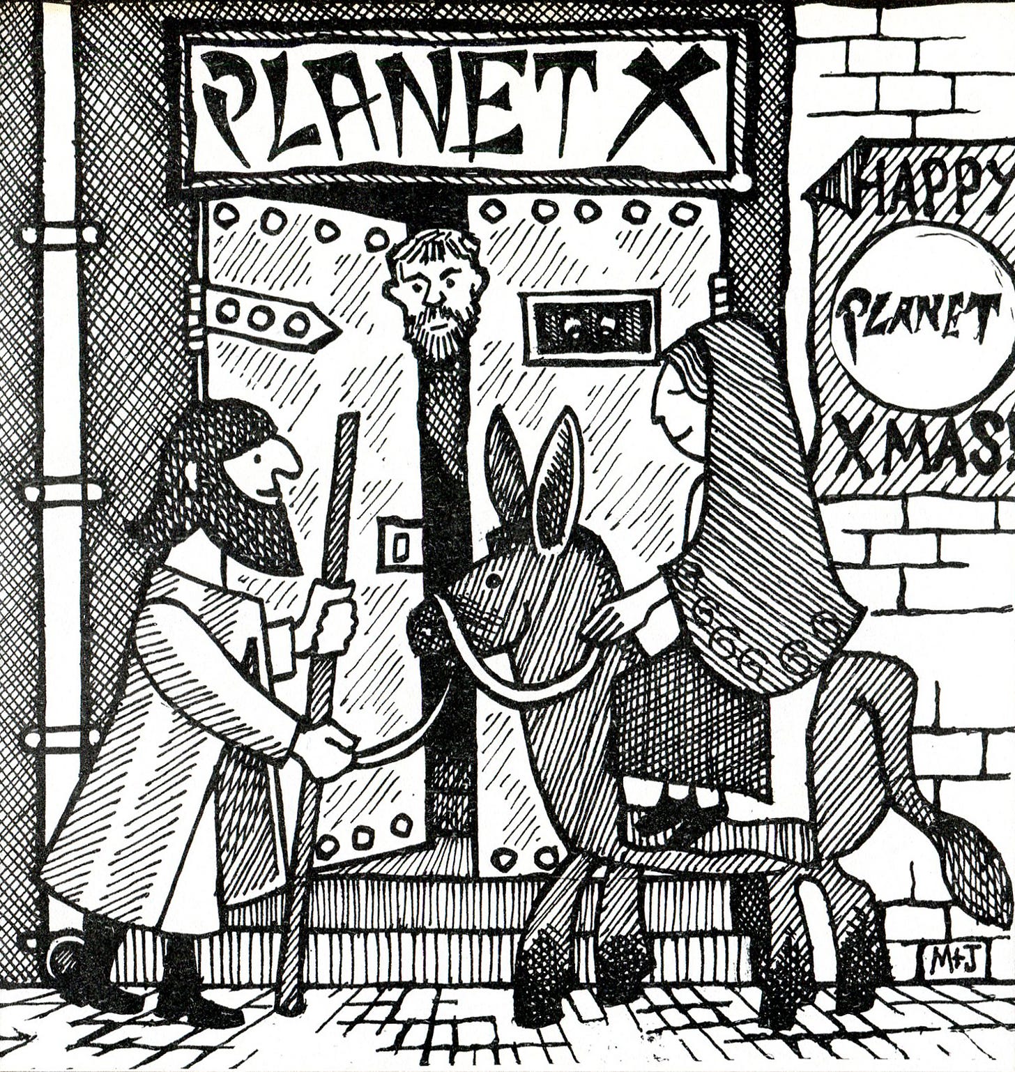 Drawing of Mary, Joseph and the donkey at the door of Planet X.