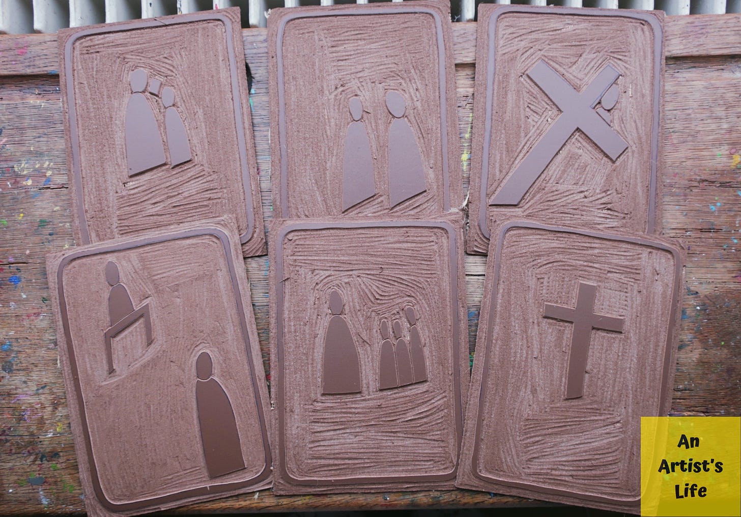 Linocut boards ready to be printed