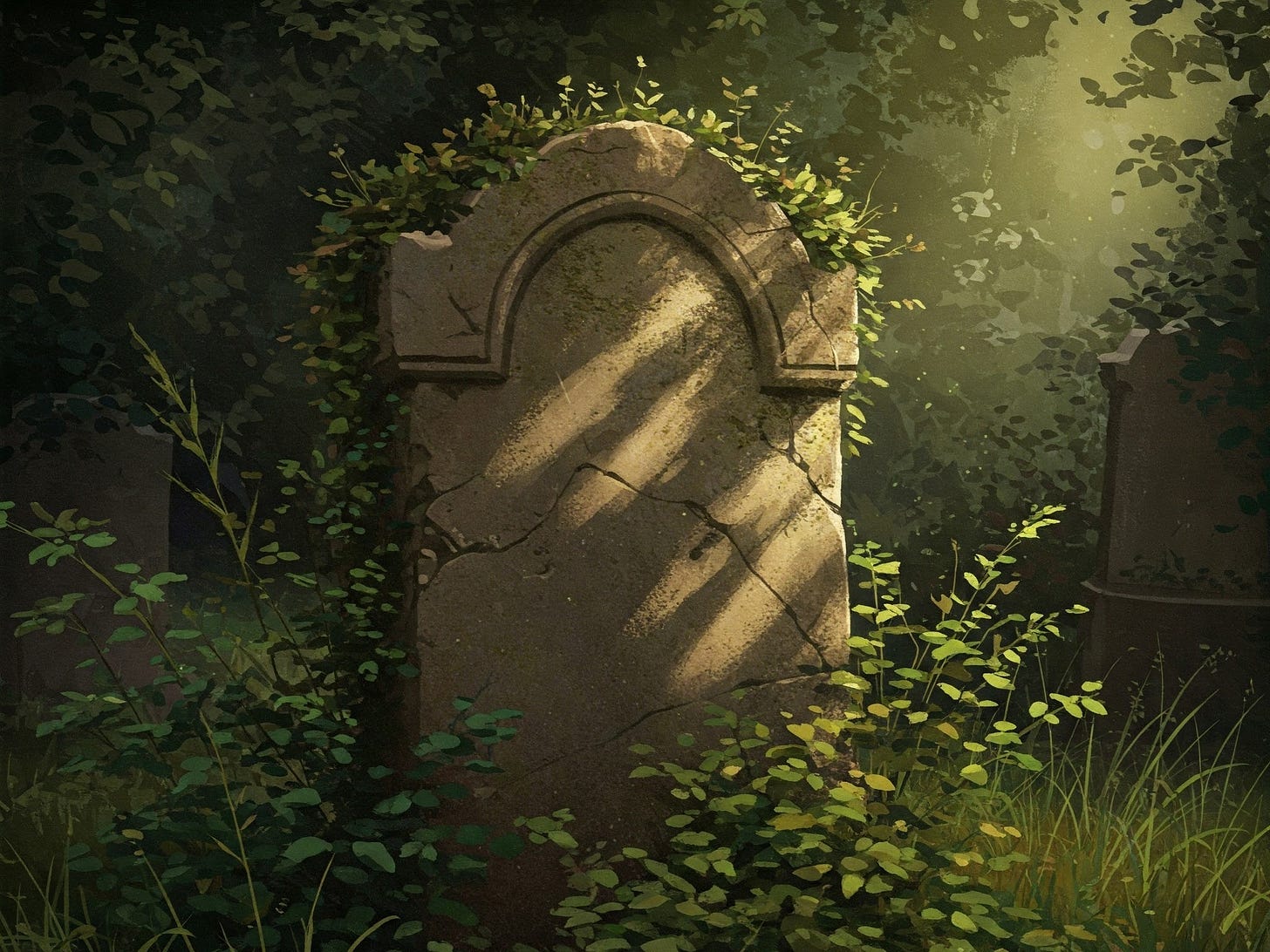 An old gravestone covered in overgrowth. Generated with Google Gemini.