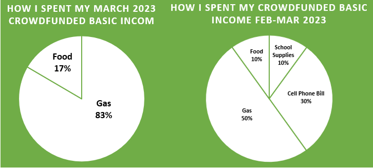Two pie charts are shown, one shows 17% of the basic income went to food and 83% went to gas in the pie chart representing March 2023. The other pie chart shows food at 10%, school supplies at 10%, a cell phone bill at 30%, and gas at 50% for February through March. 