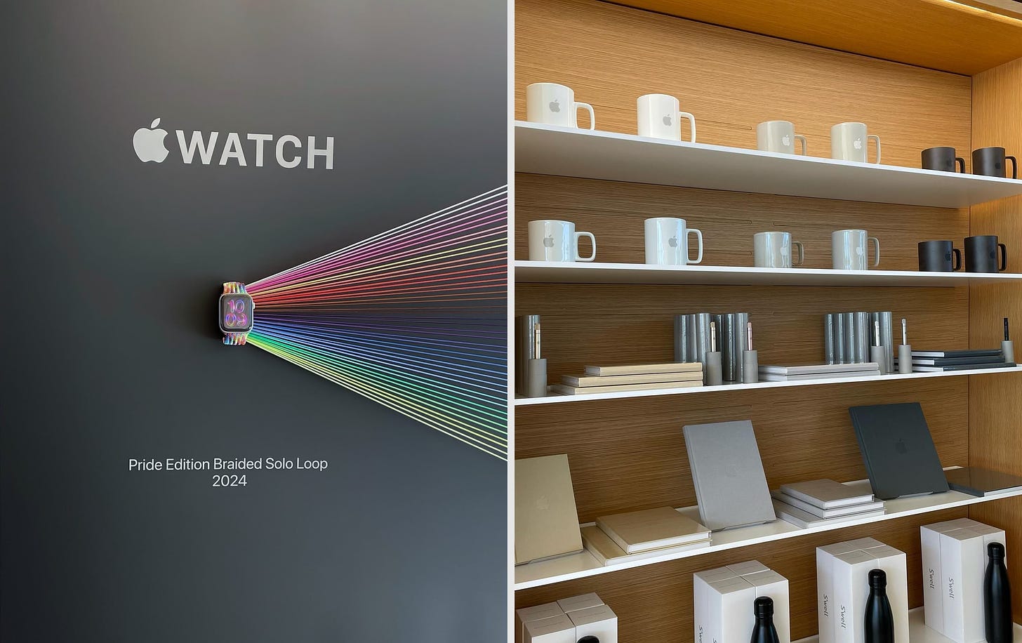 Two Avenue bays at Apple Park Visitor Center. The left bay displays the Pride Edition Braided Solo Loop. The right bay displays merchandise once offered at Apple Infinite Loop.