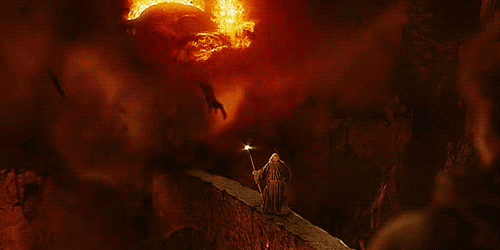 Gandalf confronts a Balrog of Morgoth in the Mines of Moria in The Fellowship of the Ring.