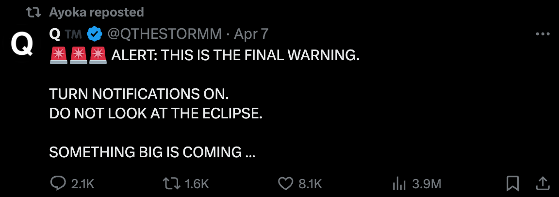 "ALERT: THIS IS THE FINAL WARNING.  TURN NOTIFICATIONS ON. DO NOT LOOK AT THE ECLIPSE.  SOMETHING BIG IS COMING …"