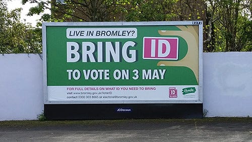 Billboard about photo ID to vote in Bromley, UK