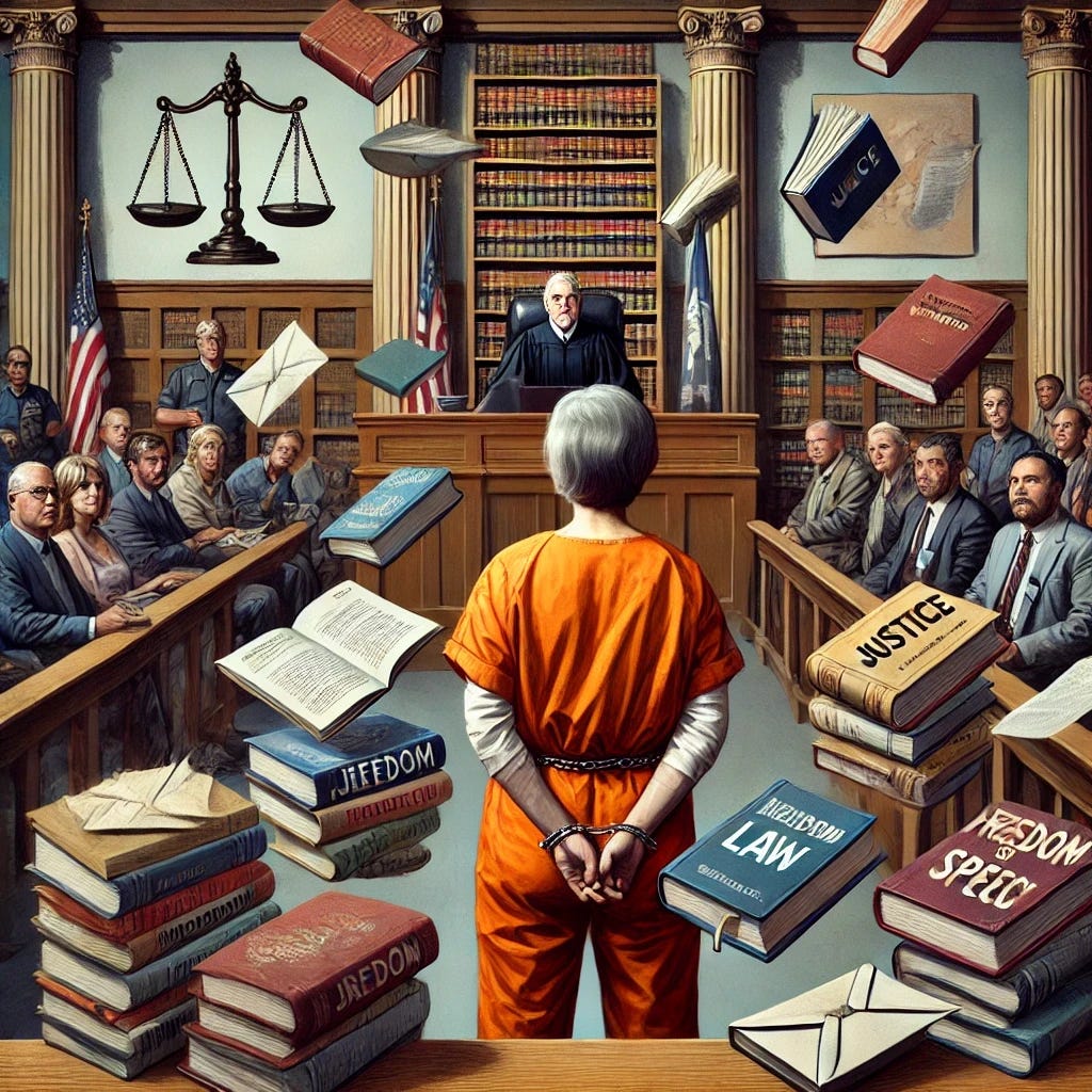 A 70-year-old woman with short grey hair in an orange jumpsuit stands in the middle of a courtroom awaiting sentencing, looking forward. Books fly around her, some open with pages fluttering, others closed, with titles like 'Justice,' 'Law,' 'Freedom of Speech,' and 'Accountability.' Envelopes and letters also whirl around the room, some sealed, some open with papers spilling out. The judge, sitting at a large judge's bench, looks down sternly, while spectators in the courtroom—including journalists and concerned citizens—watch intently. The courtroom has grand pillars and decor, with the Scales of Justice subtly incorporated in the background. A calendar on the wall shows today's date circled.