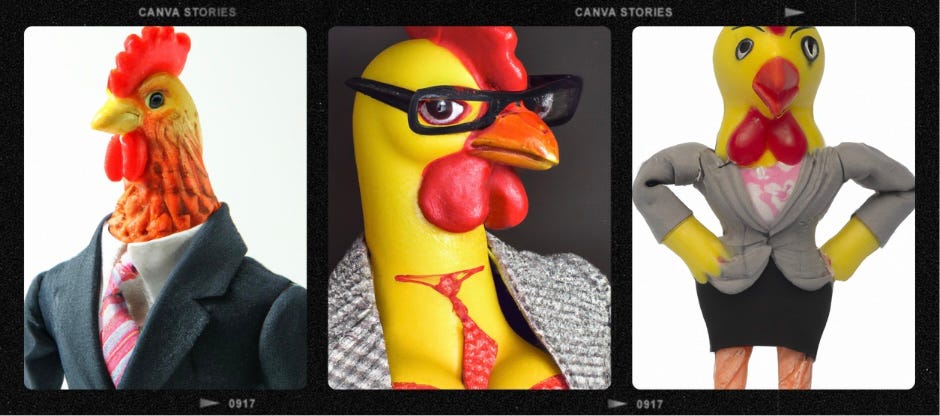 Three portraits of rubber chickens dressed in business clothes