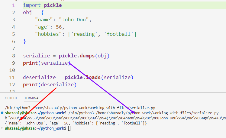 dumps() method of the pickle module to serialize the data object into a binary format, which we store in a variable called serialized_data.  We can later deserialize the serialized_data back into a Python object using the loads() method of the pickle