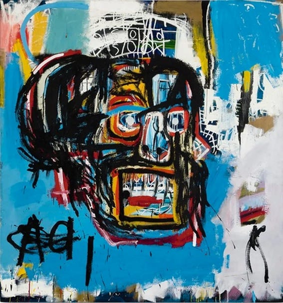 Pintura expressionista, com pinceladas fortes retratando um rosto de boca escancarada apenas com traços pretros amarelos e vermelhos sobre um fundo azul.