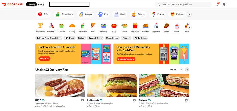 A screenshot of Doordash.com’s search result. The reason why this runs into a scaling issue is that the filters, menus, tabs, and advertisements take up the majority of the page. Only 3 items (cards) are even visible without scrolling.