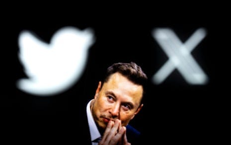 Elon Musk with the X and Twitter logos in the background