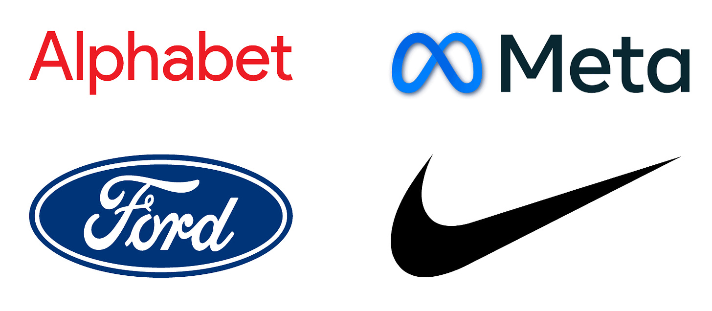 Alphabet, Ford, Meta, Nike Logos