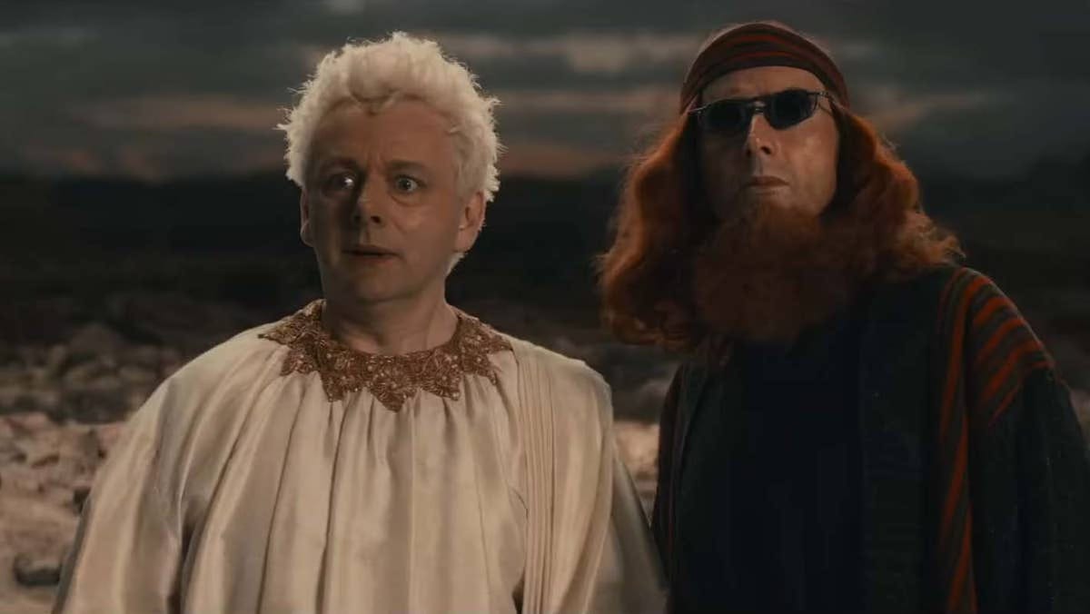 Good Omens 2: Aziraphale and Crowley watch the utter chaos raining down upon Job (for no good reason).