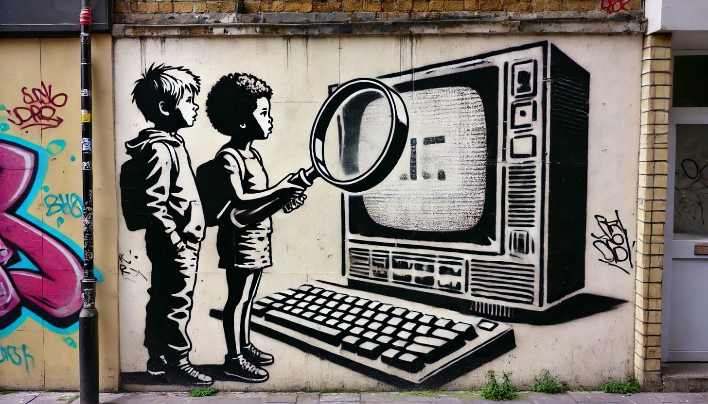 A black and white stencil-style graffiti on a wall. In the foreground, a boy and a girl are holding a large magnifying glass together, which is almost as big as they are. Behind them, there's a giant computer screen, like a cinema screen. On the screen, the word 'IA' is prominently displayed.