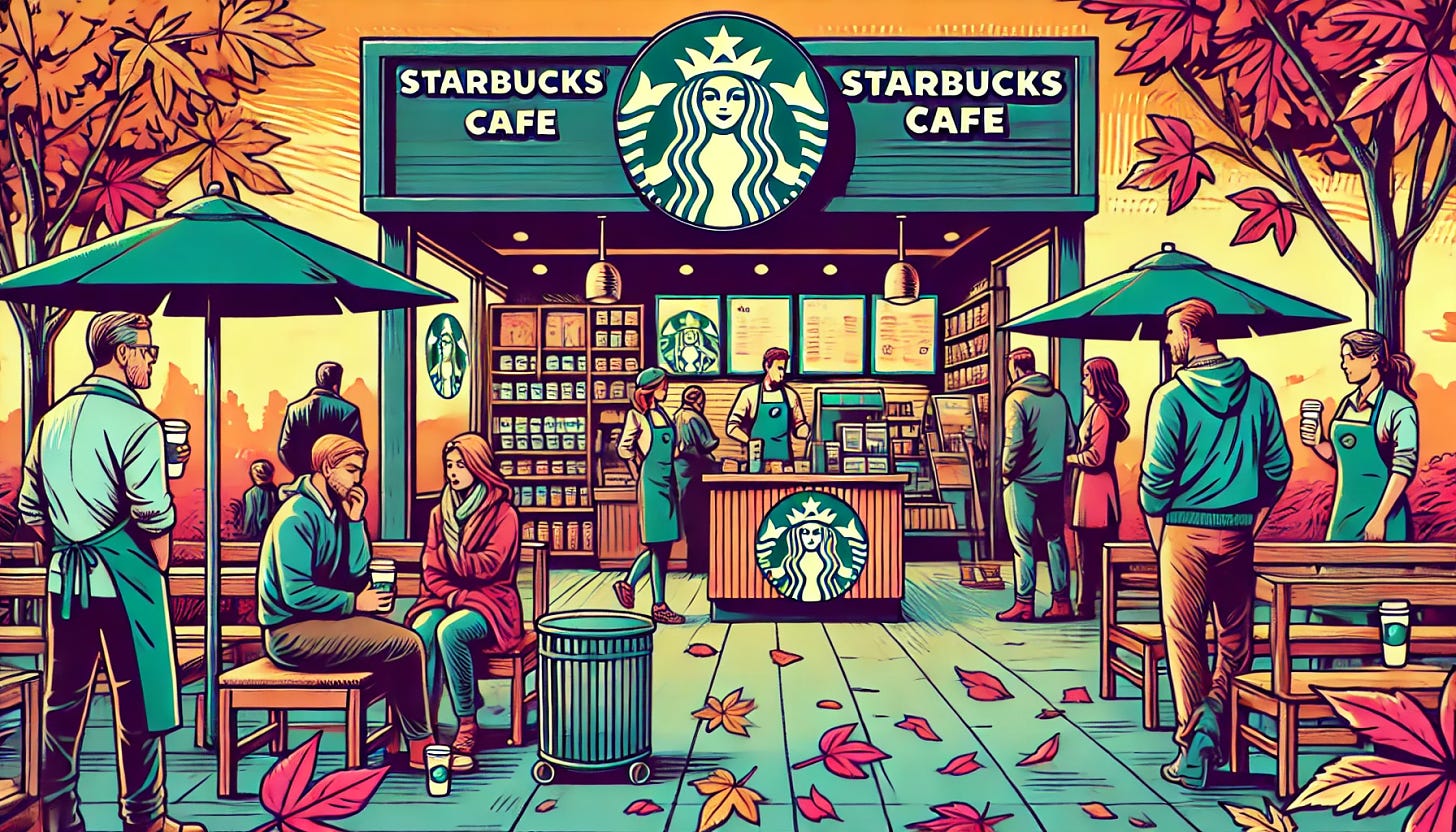 A vibrant, pop-art style illustration depicting a Starbucks scene. The image features a bustling Starbucks cafe with fewer employees than usual, making it appear somewhat understaffed. The cafe is depicted in an autumn setting with leaves falling around, and the atmosphere feels a bit gloomy. The style is colorful and exaggerated, with bold outlines and flat colors typical of pop-art. The Starbucks logo is prominent, and there's a slight sense of dissatisfaction among the customers. This should be in a rectangular horizontal format, 1920x1080 resolution.