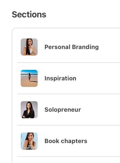 Screenshot of my 4 sections: Personal branding, Inspiration, Solopreneur, Book chapters 