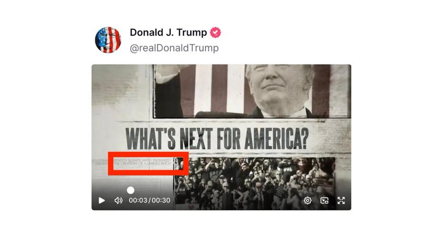 An screenshot of an ad posted by Donald Trump, foreshadowing a second Trump term that says he will create a “UNIFIED REICH”