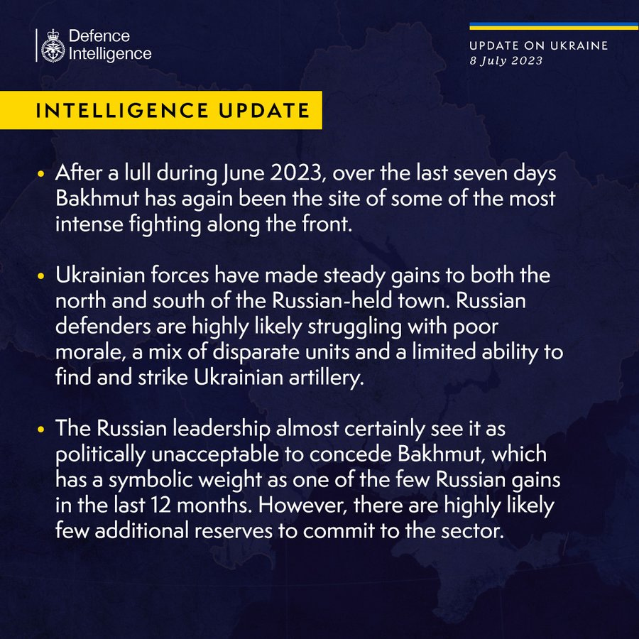 Latest Defence Intelligence update on the situation in Ukraine - 08 July 2023.