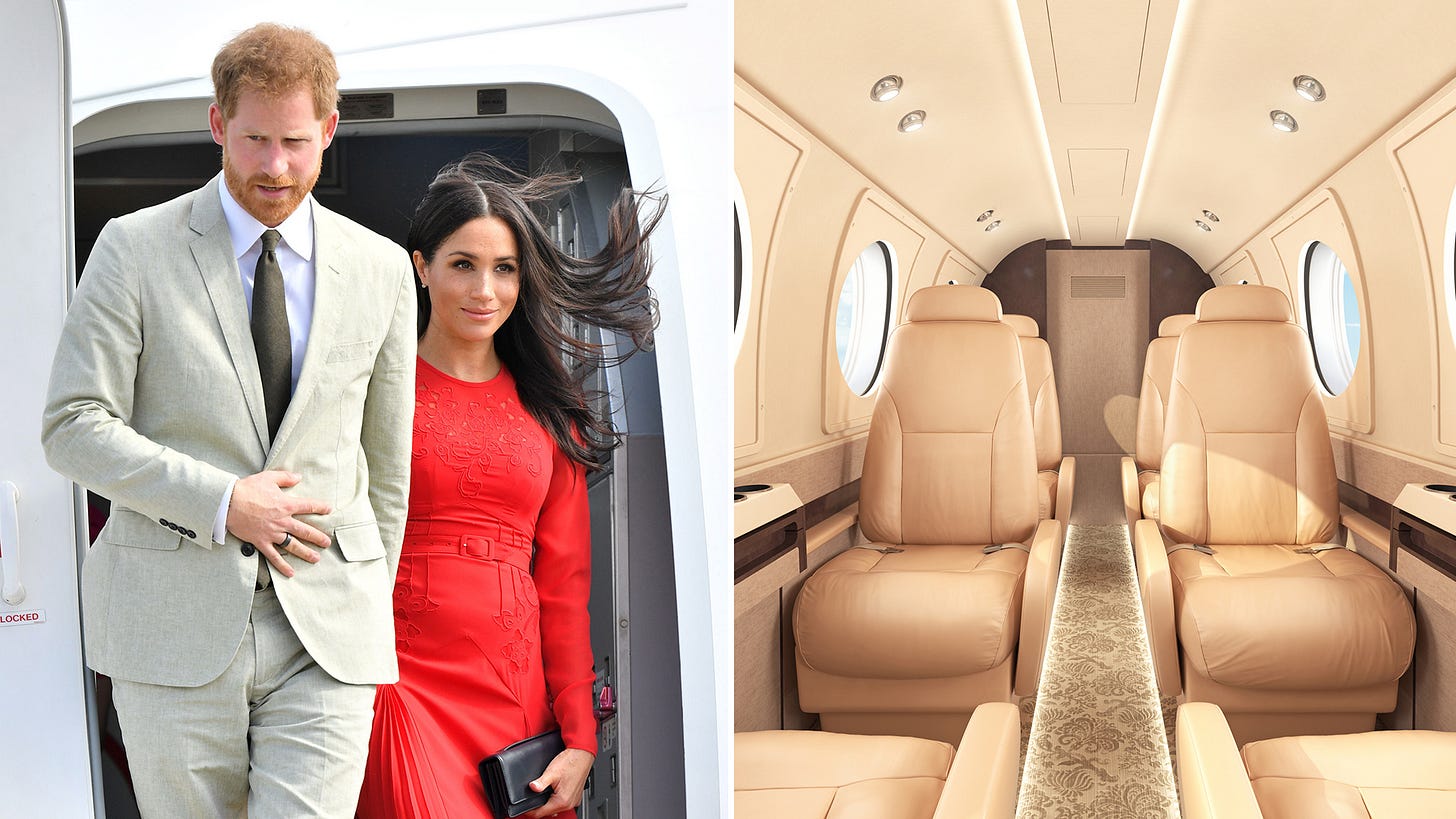 Harry and Meghan disembarking a plane and a private jet interior