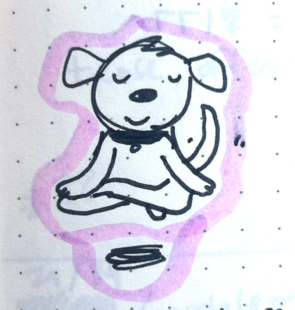 kinda crappy doodle of a meditating, levitating cartoon dog