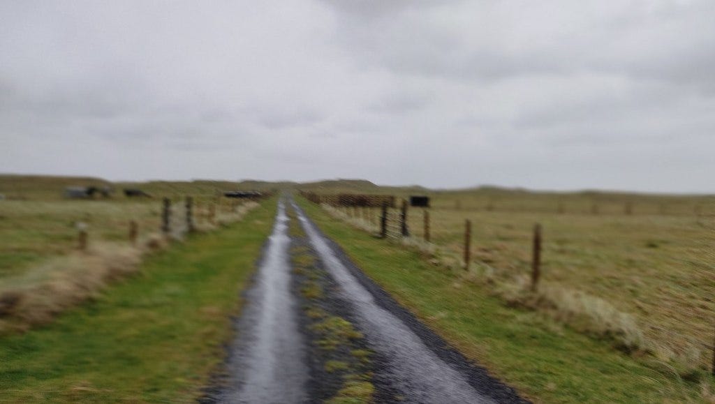 Long straight road ahead with grass down the middle. The finish is near but can't be seen.