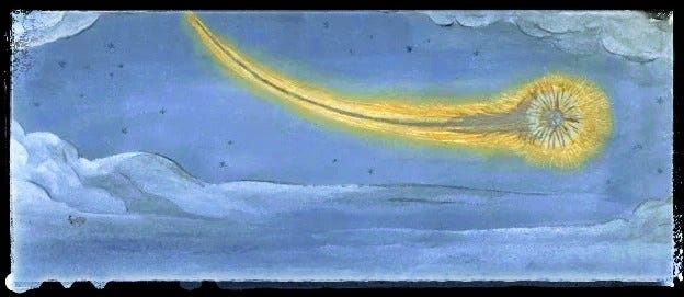 A 16th century drawing of a yellow comet against a deep blue night sky background