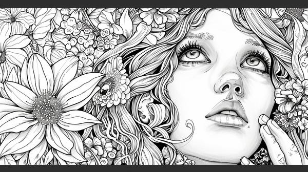 Aesthetic coloring pages with a beautiful girl's face and flowers.