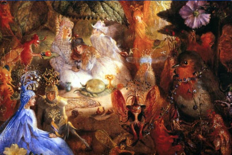 Painting of fairies with captured robin, John Anster Fitzgerald