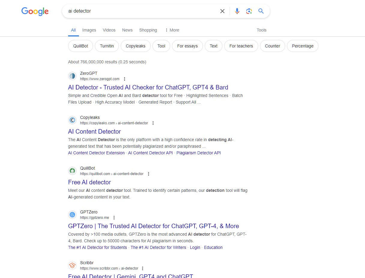 Google search results page for "AI Detector"