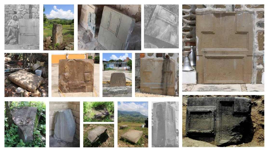Una composición fotográfica de las casi 14 losas de piedra megalíticas conocidas del sitio de San Miguel Ixtapan. Fuente: Marco M. Vigato